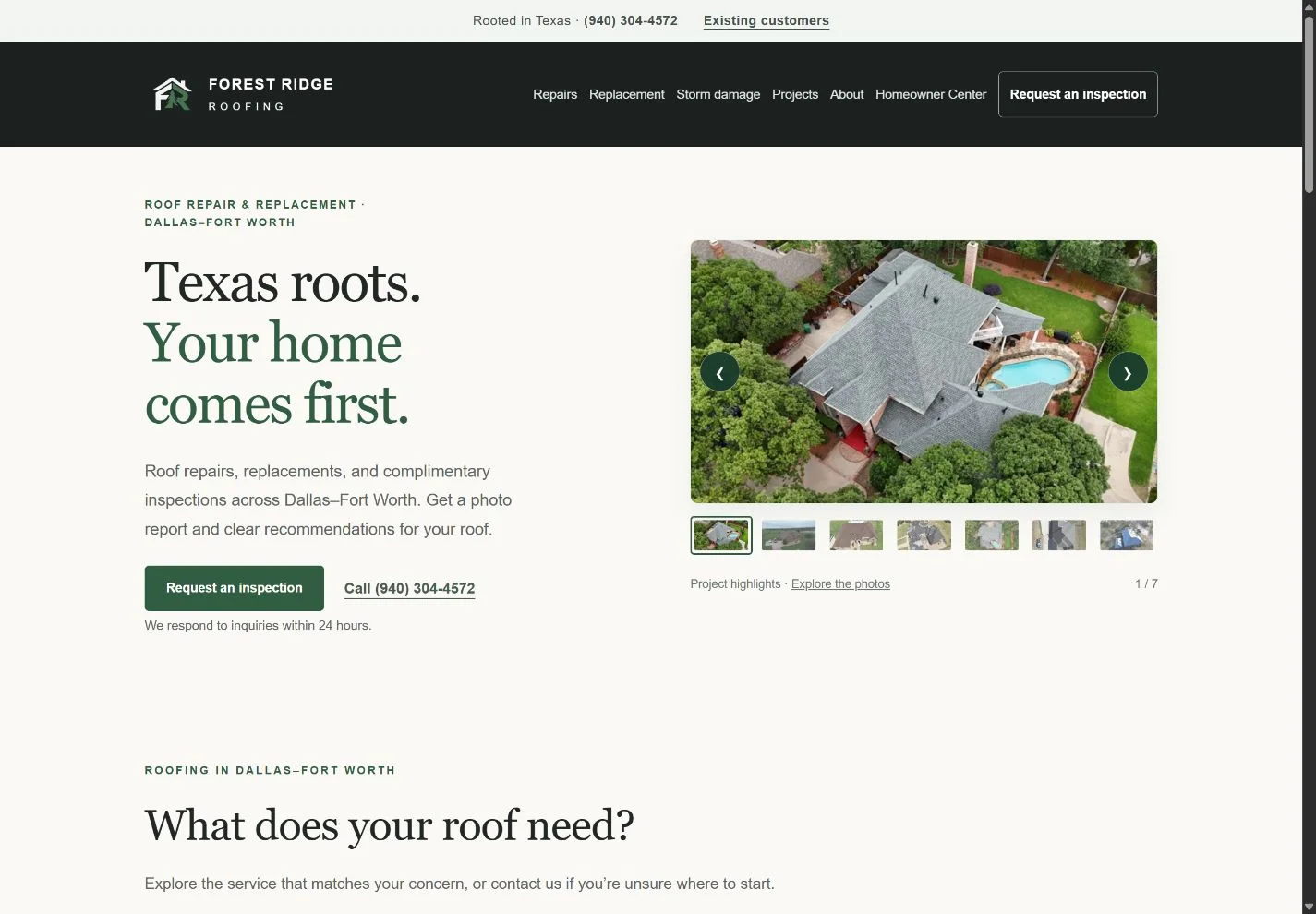 Forest Ridge Roofing homepage with an aerial photo of a completed roof